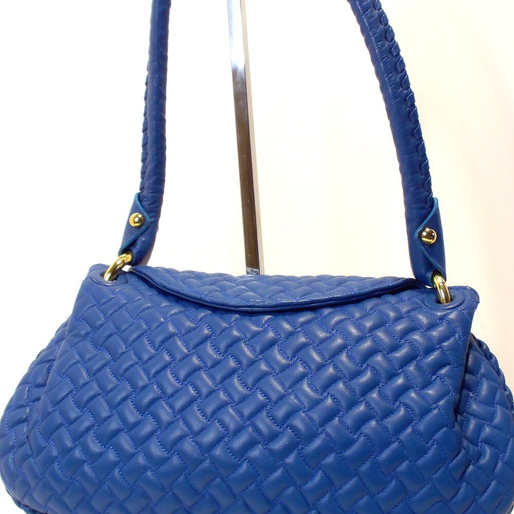 Sera Blue Quilted Leather Shoulder Bag with Gold Hardware